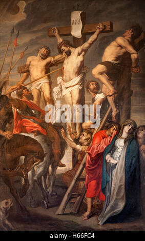 Gand - Cristo sulla croce tra due ladri di Pieter Pauwel Rubens (1619 a.d.) nella chiesa di San Pietro. Foto Stock