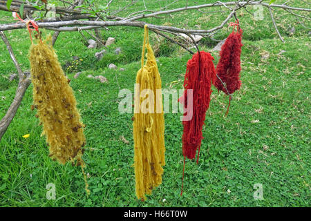 Fasci di lana tinta essiccazione su un albero in Perù. Foto Stock