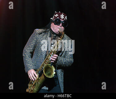 Lee Jay Thompson eseguendo con la follia sul palco principale al di Blackheath Music Festival 2015 Foto Stock