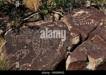 Jornada Mogollon stile arte rupestre a tre fiumi sito Petroglyph, deserto del Chihuahuan vicino a Sierra Blanca, Nuovo Messico, STATI UNITI D'AMERICA Foto Stock