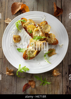 Giallo funghi Oyster saltate in burro e servita sulla pasta acida pane tostato con Wild Rocket Foto Stock