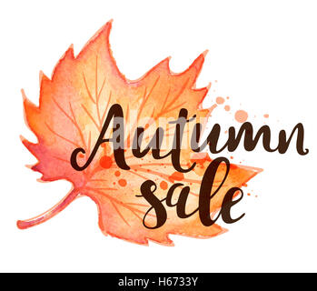 Sfondo per stagionali vendita d'autunno. Foglia di acero con texture acquerello su uno sfondo bianco. Foto Stock