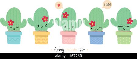Set di Cactus carino in stile appartamento con facce buffe Illustrazione Vettoriale