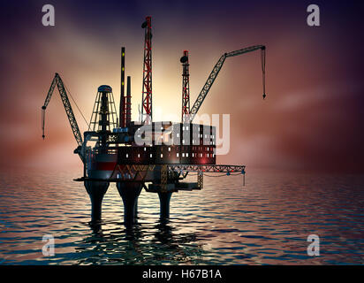 Foratura piattaforma offshore nel Mare di notte. 3D illustrazione Foto Stock