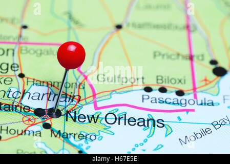 New Orleans imperniata su una mappa della Louisiana, Stati Uniti d'America Foto Stock
