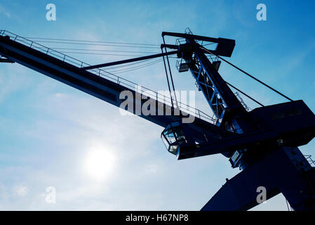 Gru di banchina con il sole bruciare attraverso early morning mist. Foto Stock