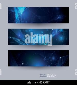 Banner vettore impostato con poligonale, geometrica, cerchi, linee, Triangolo forma del modello. Abstract bassa poli con punti di collegamento e Illustrazione Vettoriale