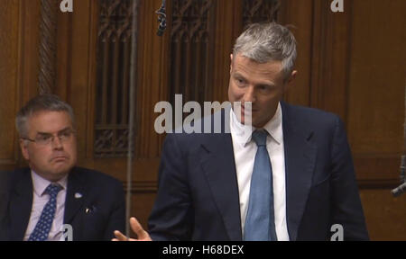 Zac Goldsmith parla dopo una dichiarazione del Segretario dei trasporti Chris Grayling al aeroporto di espansione nella Camera dei Comuni di Londra, come una terza pista a Heathrow Airport è stato dato il via libera da parte del governo. Foto Stock