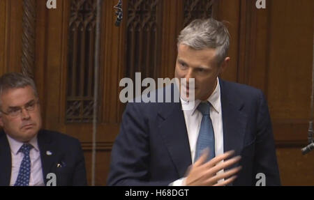 Zac Goldsmith parla dopo una dichiarazione del Segretario dei trasporti Chris Grayling al aeroporto di espansione nella Camera dei Comuni di Londra, come una terza pista a Heathrow Airport è stato dato il via libera da parte del governo. Foto Stock