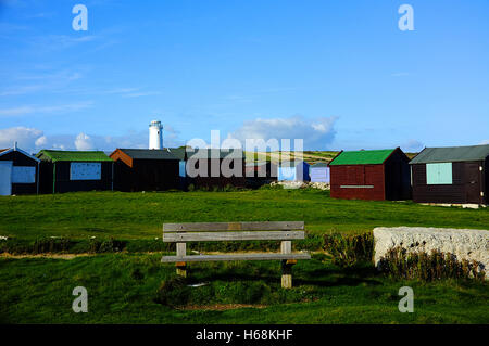 Vecchio faro e Fisherman capanne in Portland Foto Stock