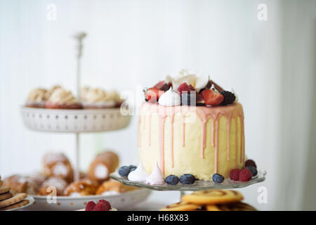 Torta con vari le bacche e le meringhe su un cavalletto. Foto Stock