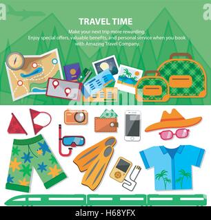 Il tempo di viaggio. Uno stile piatto travel blog icon set. Casa vacanze concetto. Illustrazione Vettoriale