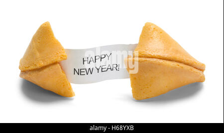 Fortune Cookie con Felice Anno Nuovo Messaggio isolati su sfondo bianco. Foto Stock