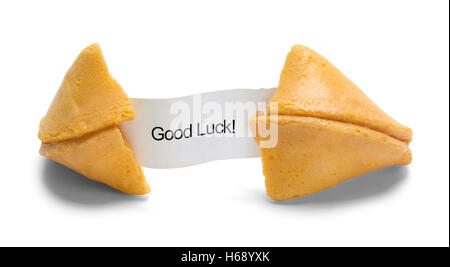 Fortune Cookie con buona fortuna messaggio isolati su sfondo bianco. Foto Stock