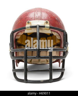 Vista frontale del vecchio casco da football isolati su sfondo bianco. Foto Stock