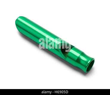 Metallo fischio Verde isolato su sfondo bianco. Foto Stock