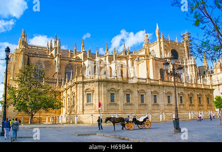 Il carro con il cavallo attende i turisti vicino a Cattedrale di Siviglia Foto Stock