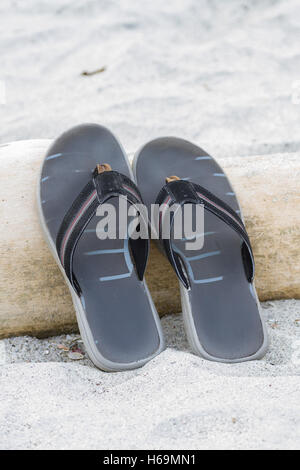 Close up di un paio di infradito in appoggio su un registro su di una spiaggia di sabbia in Panama Foto Stock