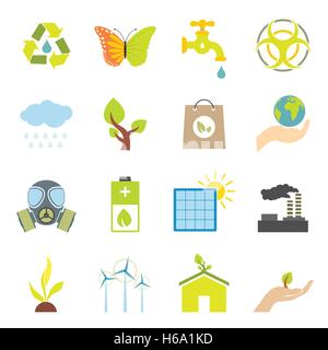 Ecologia universale piano set di icone Illustrazione Vettoriale