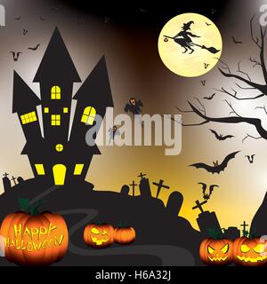 Halloween, zucca, strega, Spooky, pipistrelli, luna, ginestra, cappello, foglie, Road, Ghost, oggetto, Halloween sfondo, isolato, faccia Illustrazione Vettoriale