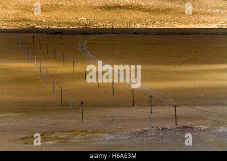 Paesaggio himalayano con poli elettrici nella Rakshas Lake Valley. Tibet. Cina. Foto Stock