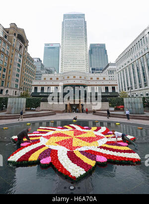 Solo uso editoriale artisti floreali (sinistra-destra) Richard e di Bragg James Buswell ha messo i tocchi di rifinitura per un 9x9m rangoli-stile di installazione di fiori nella fontana a Cabot Square, Canary Wharf, London, realizzata con oltre 6 mila fiori per celebrare Diwali, la festa della luce. Foto Stock