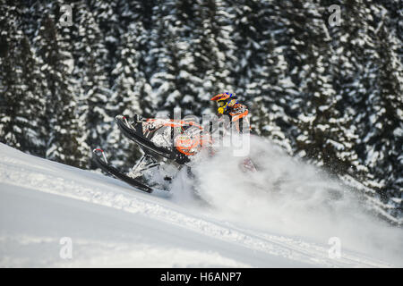 Atleta su una motoslitta spostando in montagna Foto Stock