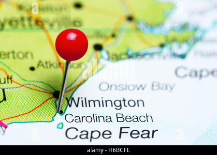 Carolina Beach imperniata su una mappa del Nord Carolina, STATI UNITI D'AMERICA Foto Stock