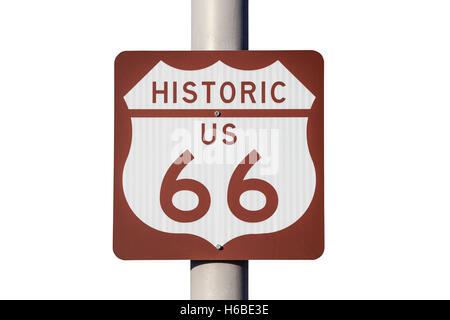Ci storica Route 66 autostrada segno isolato su bianco Foto Stock