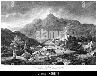 Incisione di una vista nella Valle di Langdale, (guardando verso ovest verso Langdale Pike) Westmoreland scannerizzata da un libro del 1812. Foto Stock