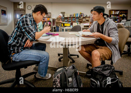 Un americano asiatico tutor assiste un americano asiatico studente nel centro di apprendimento di una Santa Ana CA Community College. Foto Stock