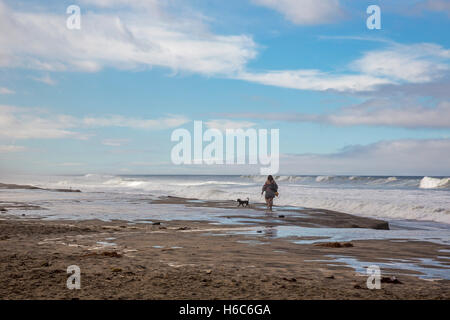 Tijuana, Messico - una donna cammina con il suo cane lungo l'Oceano Pacifico, appena a sud della frontiera degli Stati Uniti. Foto Stock