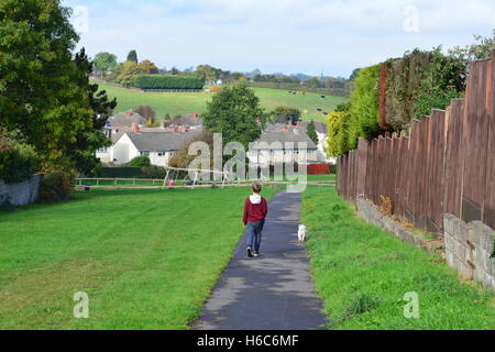 British autunno; il bambino a piedi con il suo cane nel parco lungo il percorso Foto Stock