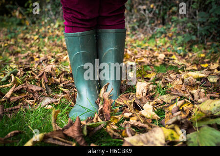 Wellies in foglie Foto Stock