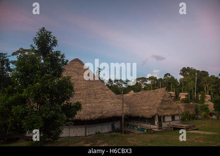 Un ayahuasca medicina centro di guarigione e maloca nell'Amazzonia peruviana foresta pluviale in una radura della giungla al tramonto vicino a Iquitos Foto Stock