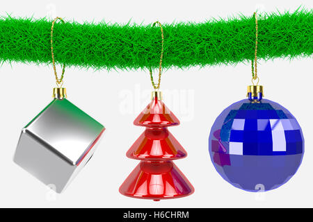 Tre baubles colorati appesi a un ramoscello di abete, rendering 3D Foto Stock