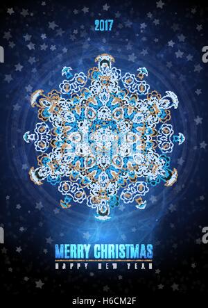 Sfondo di natale con grande annata oro blu il simbolo del fiocco di neve. Eps vettoriali 10. Illustrazione Vettoriale