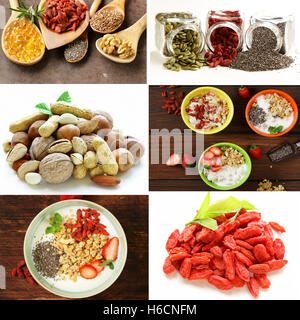 Set di collage super food - goji bacche, chia semi con verdure, frutta ed erbe aromatiche Foto Stock