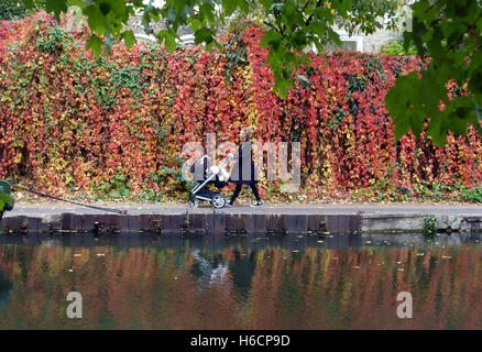 Giovane madre con bambino buggy passeggiate lungo Regents Canal in autunno, Islington, Londra Foto Stock