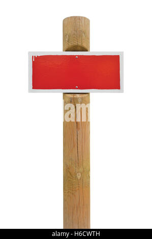 Dipinto di rosso divieto cartello segnaletico orizzontale della scheda segnaletica metallica a telaio bianco, palo di legno post copia di sfondo spazio isolato Foto Stock