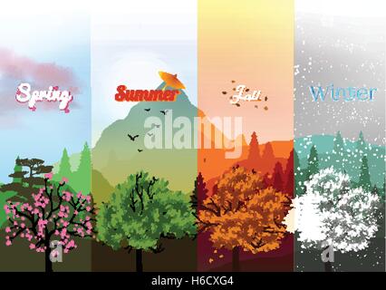Four Seasons banner con Abstract la foresta e la Montagna - Illustrazione Vettoriale Illustrazione Vettoriale