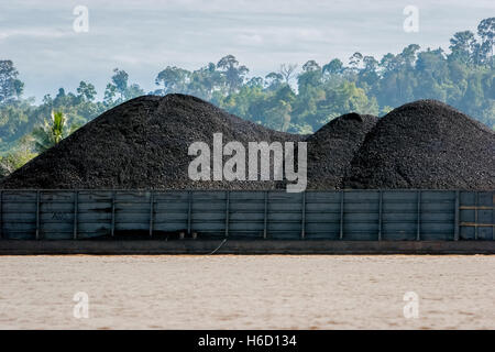 Chiatta di carbone sul fiume Segah in Tanjung Redeb, Berau, Kalimantan orientale, Indonesia. Foto Stock