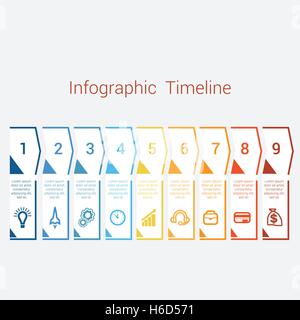 Timeline Infografico frecce colorate da linee. Grafico ad area Business modello infografico con aree di testo per nove posizione, Eps Illustrazione Vettoriale