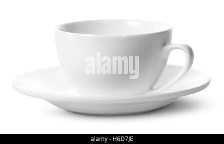 Svuotare tazza da caffè su un piattino isolati su sfondo bianco Foto Stock