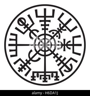 "Vegvisir". La magica bussola di navigazione dei Vichinghi. Runescript dal manoscritto medievale libro. Talismano per strada e buon viaggio Illustrazione Vettoriale