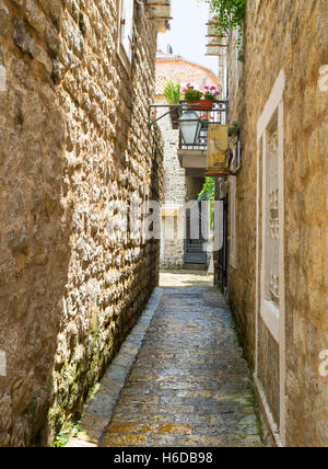 La città vecchia è piena delle strette e ombrose strade e vicoli, portando alla accoglienti caffetterie e bar in centro, Budva Foto Stock