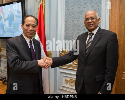 Il Cairo, Egitto. 17 Nov, 2016. Ji Bingxuan (L), vice presidente del comitato permanente del Congresso nazionale del popolo della Repubblica popolare cinese, si incontra con Ali Abdelaal, speaker del parlamento egiziano, al Cairo, Egitto, su nov. 17, 2016. © Meng Tao/Xinhua/Alamy Live News Foto Stock