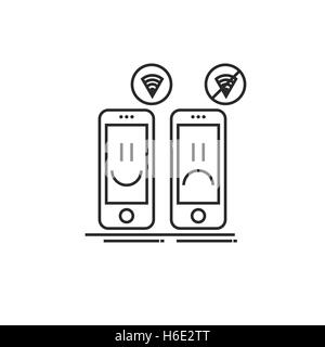 Concettuale icona moderna di linee sottili smartphone con wifi e senza. Allegro e triste smartphone Illustrazione Vettoriale