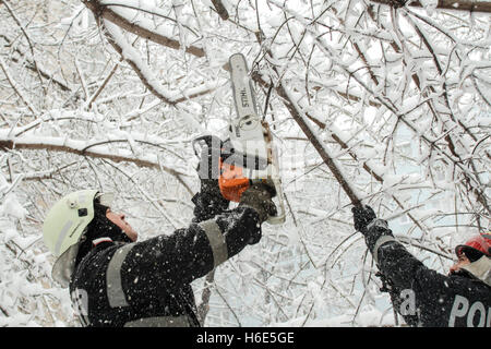 Bucarest, Romania, 17 Gennaio 2016: Vigili del Fuoco di intervenire per cancellare una strada dopo una nevicata in Bucarest. Foto Stock