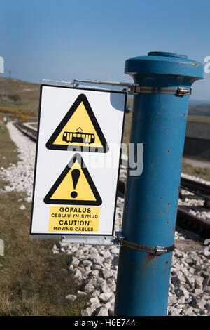 Segnale di avvertimento sulla via del Great Orme Tram, Llandudno, Conwy, il Galles del Nord, Wales, Regno Unito. Foto Stock